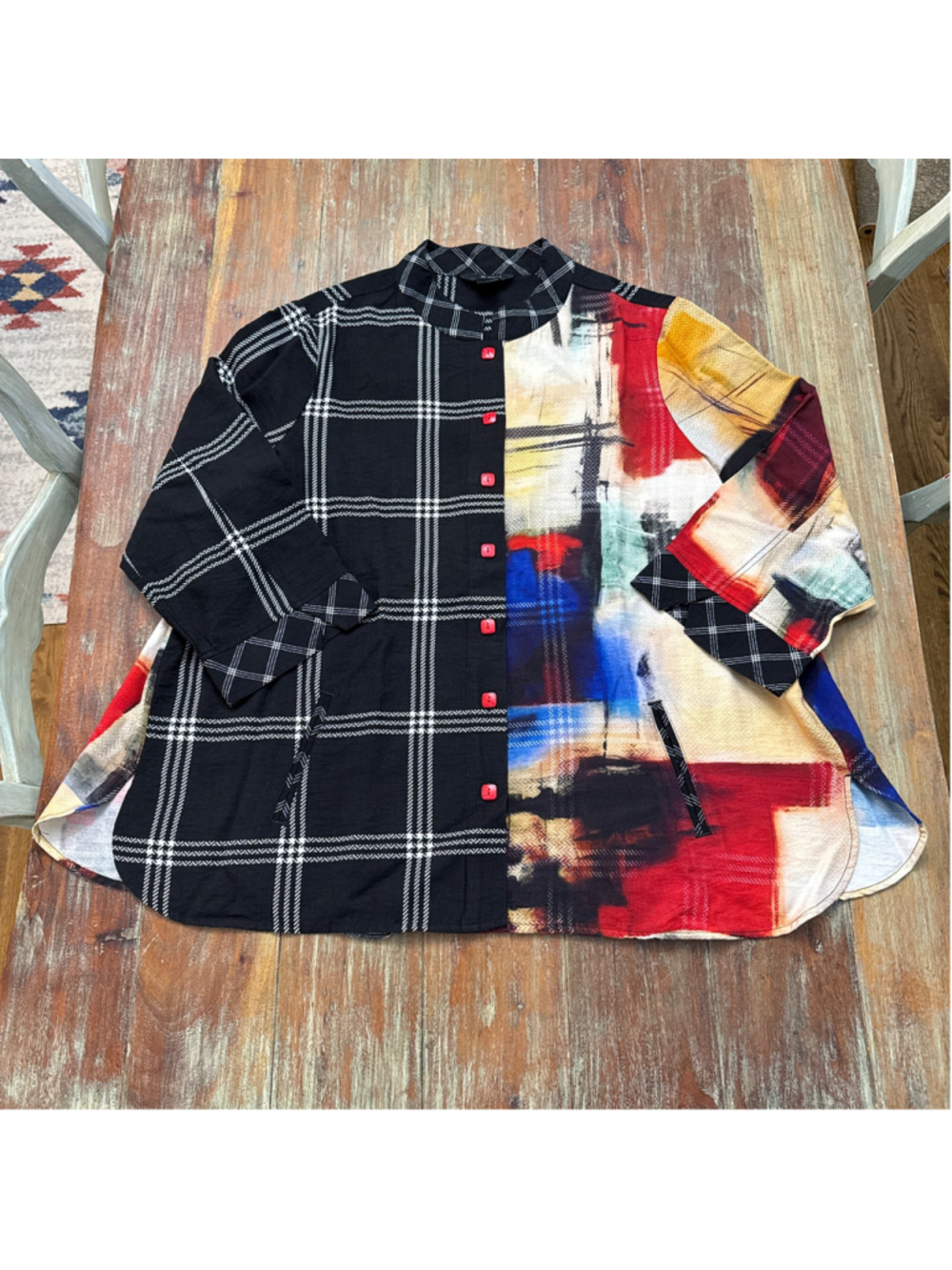 Ali Miles 1X Abstract Plaid Split Print Tunic Top Red Buttons Artsy Lagenlook